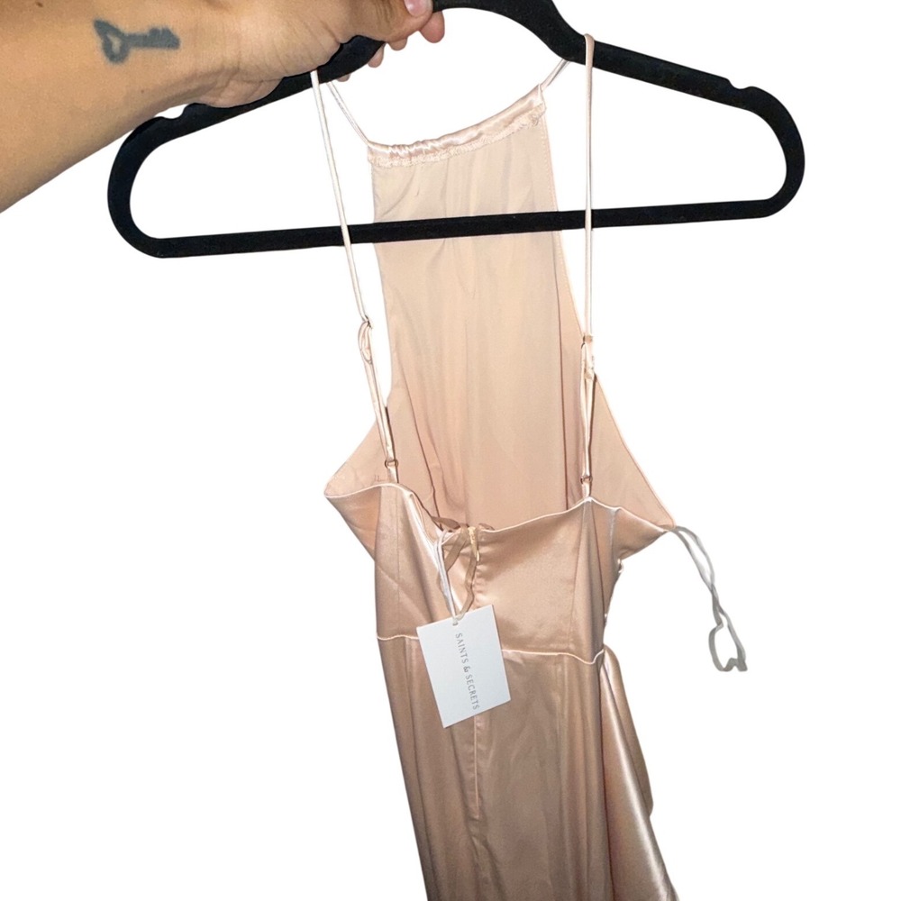 Saints & Secrets Champagne Satin Halter Ruffle Midi Dress CM6090D NWT Small - Picture 3 of 7